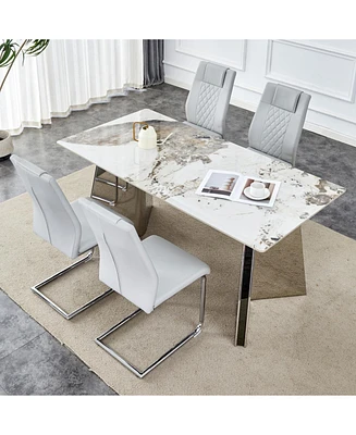 Luxurious Pandora Sintered Stone Table & Light Gray Pu Chairs