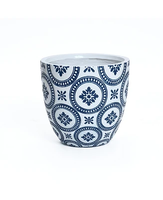 LuxenHome Blue and White Flower Pattern Round Tapered -Inch Tall Mgo Planter