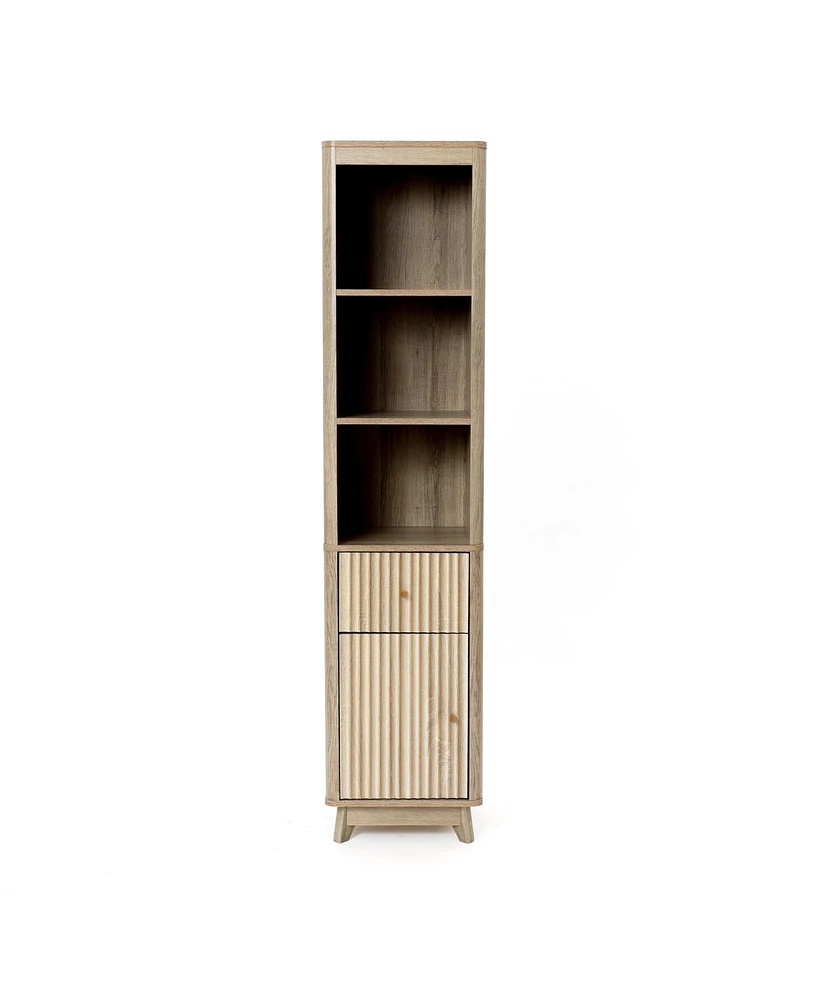 LuxenHome Natural Finish Wave-Patterned Manufactured Wood 1-Drawer 1-Door Bathroom Tower Cabinet