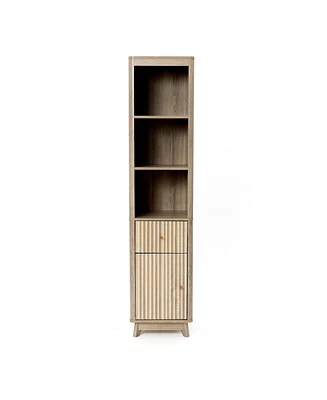LuxenHome Natural Finish Wave-Patterned Manufactured Wood 1-Drawer 1-Door Bathroom Tower Cabinet