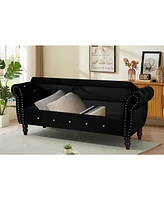 Velvet Storage Ottoman Bench with Crystal Buckle and Solid Wood Legs
