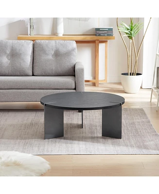 Round Coffee Table Black Oak Wood Surface and Black Metel Feet