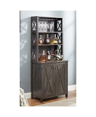 Wine Bar Cabinet with for Wine Glass Rack, Wood Frame Side Home Source Bar Cabinet and Hollow out Barn Design Wood Cabinet L26.75''W15.13''H66.1'' Cha