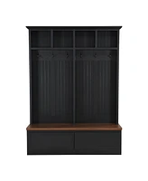 Farmhouse 4-in-1 Hall Tree with Wood Grain Bench, Mudroom Versatile Coat Rack with 2 Large Drawers, Large Entrance Organizer with 6 Black Hooks for Ha
