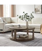 40inch Large Curved 2 Tier Traditional Round Circle Wooden Center Coffee Table,Mid Century Rounded Table with Wheels, Table for living Room,Office,Apa