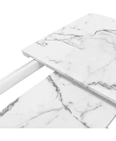 Modern Square Dining Table, Stretchable, Printed White Marble Table Top+Mdf Black X-Shape Table Leg with Metal Base