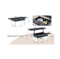 Multifunctional Lift Top Coffee Table with Tempered Glass Legs in Black Marble Pattern