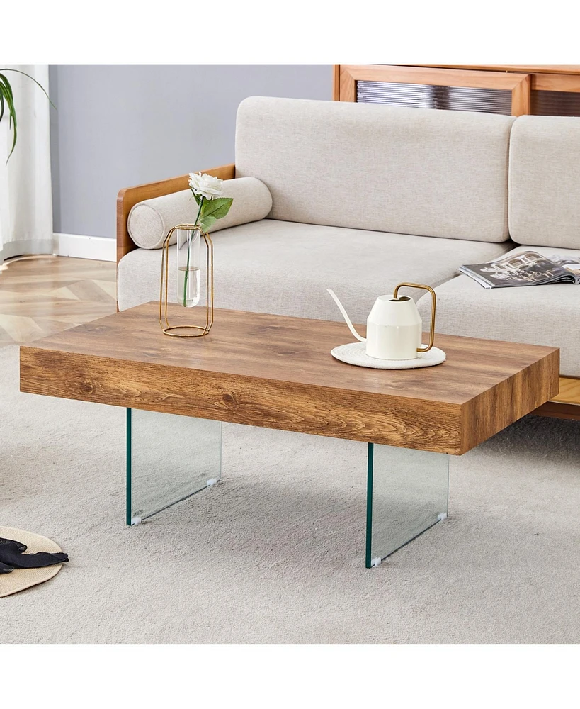 Natural Style Mdf Coffee Table - 39.3"x21.6" with Tempered Glass Legs.Density Board Sticker,Reinforced Glass