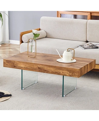 Natural Style Mdf Coffee Table - 39.3"x21.6" with Tempered Glass Legs.Density Board Sticker,Reinforced Glass