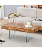 Natural Style Mdf Coffee Table - 39.3"x21.6" with Tempered Glass Legs.Density Board Sticker,Reinforced Glass