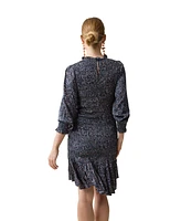 Ingrid + Isabel Maternity Short Smocked Occasion Dress Blue Tan Animal Floral Print Xl