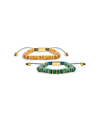 Bling Jewelry Set of Two Natural Orange Agate and Green Malachite Strand Bracelet Gold Plated Spacers