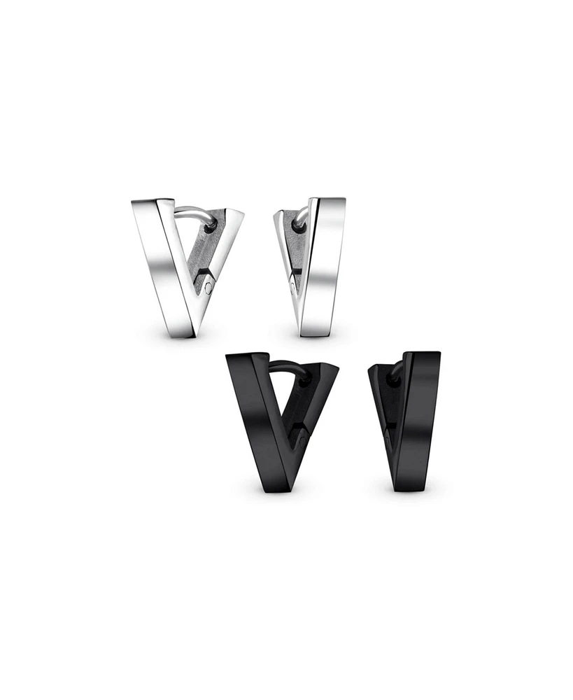 Bling Jewelry Set of 2 Geometric Triangle V-Shaped Black Hoop Huggie Earrings Stainless Steel