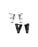Bling Jewelry Set of 2 Geometric Triangle V-Shaped Black Hoop Huggie Earrings Stainless Steel