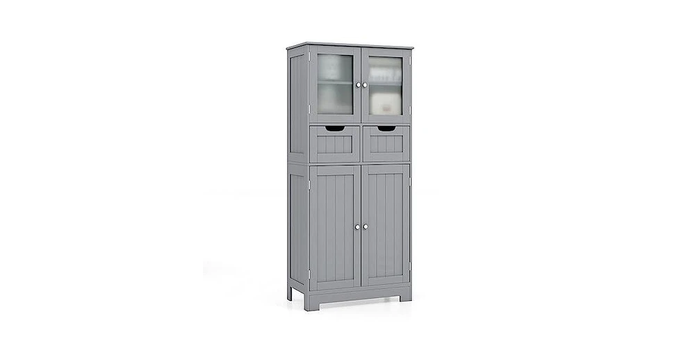 4 Door Freestanding Bathroom Floor Storage Cabinet with 2 Drawers and Glass Doors