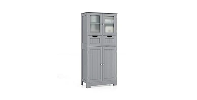 4 Door Freestanding Bathroom Floor Storage Cabinet with 2 Drawers and Glass Doors