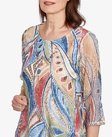 Alfred Dunner Petite El Paso Printed Leaf Textured Top with Necklace