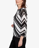 Alfred Dunner Petite Santa Barbara Chevron Crochet Bell Sleeve Crew Neck Top