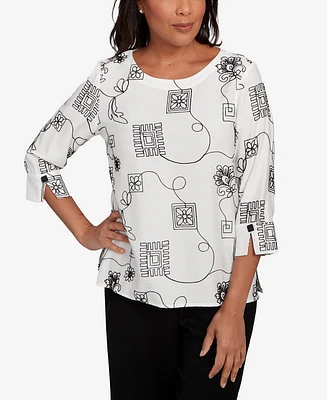 Alfred Dunner Petite Santa Barbara Geometric Floral Soutache Embroidered Top