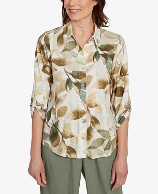 Alfred Dunner Petite Copper Canyon Knit Leaf Button Front Collared Top