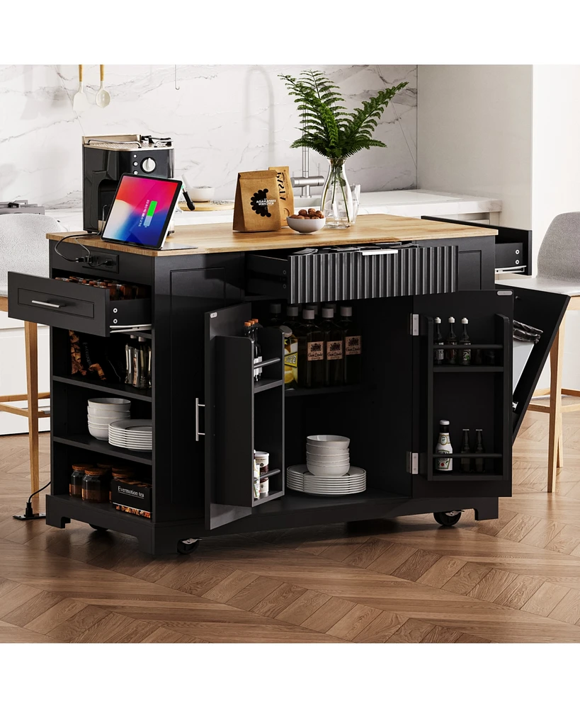 Fluted Kitchen Island Cart: Trash Storage, Power, Drawers
