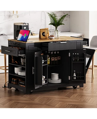 Fluted Kitchen Island Cart: Trash Storage, Power, Drawers