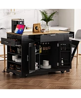 Fluted Kitchen Island Cart: Trash Storage, Power, Drawers