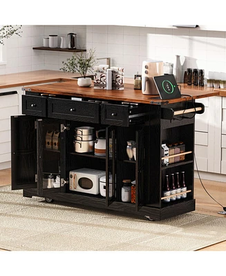 53" Farmhouse Kitchen Island Cart - Drop Leaf, Power Outlet