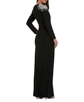 Mac Duggal Women's Jersey Long Sleeve Wrap Gown With Beaded Shoulder