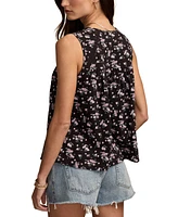 Lucky Brand Women's Printed Cotton Tie-Neck Lace-Trim Top
