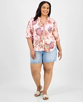 Democracy Trendy Plus Floral-Print Ruffle-Trim Blouse