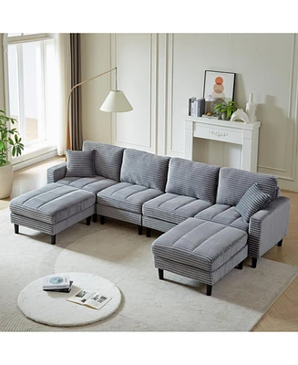 122.5" Oversized U-Shaped Sofa, Corduroy Fabric Sectional with Pillows & Ottomans, Grey