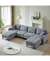 122.5" Oversized U-Shaped Sofa, Corduroy Fabric Sectional with Pillows & Ottomans, Grey