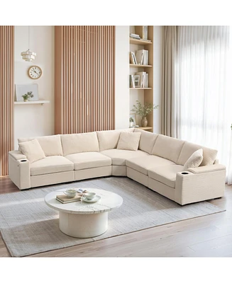 106" L-Shaped Corduroy Sectional Sofa with Storage and Conveniences
