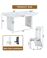 White Marble Dining Set - 4 Pu Chairs, Silver Legs