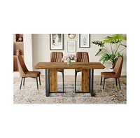 Wood-Textured Mdf Dining Set: 67" Table and 4 Brown Suede Chairs