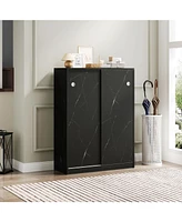 Marble black shoe cabient with sliding door have 6 layers can storage at least30 pairs shoes