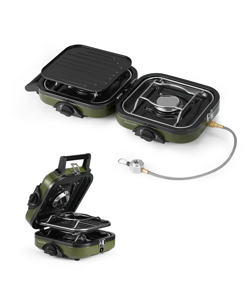 Naturehike 2 Burner Folding Camping Stove with Griddle, Portable Camp Isobutane Gas Stove with 16000 Btu Adjustable Burners & Piezo Ignition