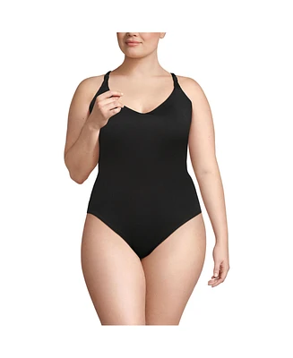 Lands' End Plus Tugless QuickDry V-Neck Multi-Way High Leg One Piece Swimsuit