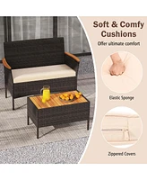 4 Pcs Patio Wicker Sofa Set with Coffee Table Acacia Wood Armrests & Tabletop