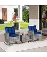 3 Pcs Patio Wicker Rocking Set with Tempered Glass Table & Soft Cushions Outdoor