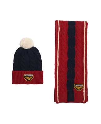 Dc Comics Men's Wonder Woman Champion Logo Adult 2-Pack Cable Knit Beanie & Scarf Set