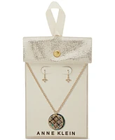 Anne Klein Gold-Tone Pave Filigree & Mother-of-Pearl Disc Pendant Necklace Drop Earrings Set