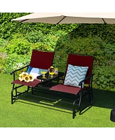 2-Person Double Rocking Loveseat with Mesh Fabric and Center Tempered Glass Table