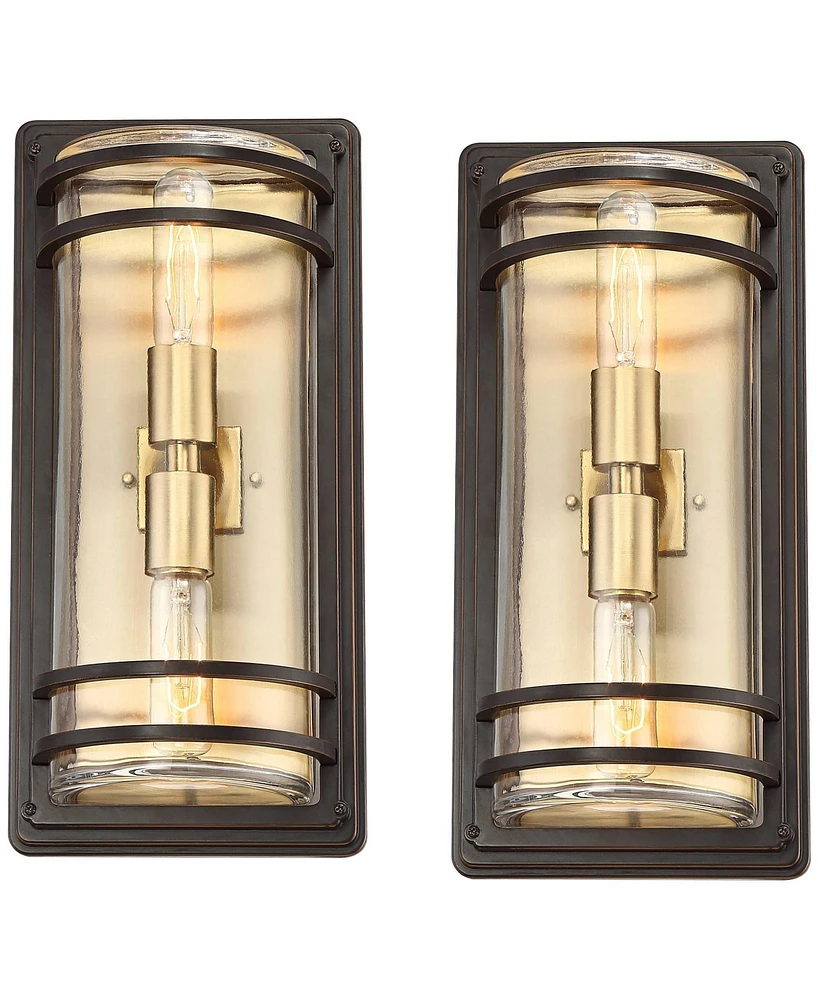 Habitat Modern Industrial Outdoor Wall Light Fixtures Set of 2 Bronze Warm Brass 16" Clear Glass Shade for Post Exterior Barn Deck House Porch Ya