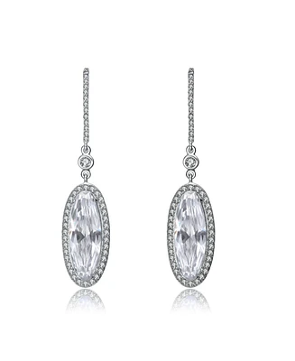 Sterling Silver White Gold Plating with Clear Cubic Zirconia Halo Dangle Earrings