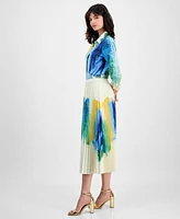 T Tahari Women's Brushstroke-Print Pleated Midi Skirt