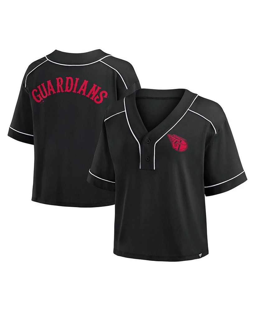 Fanatics Women's Black Cleveland Guardians Oversized Champ Game Cropped V-Neck T-Shirt