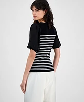 T Tahari Women's Striped Puffed-Sleeve Ribbed Top