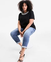 I.n.c. International Concepts Plus Embellished-Neck Cotton Top, Exclusively at Macy's